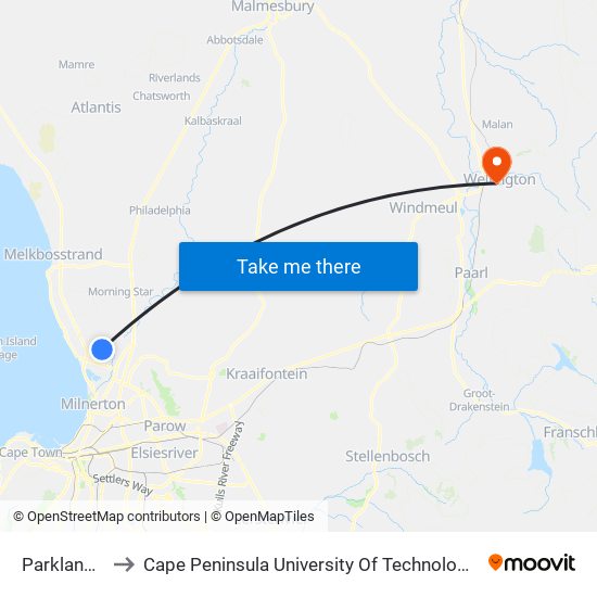 Parklands Main to Cape Peninsula University Of Technology (Wellington Campus) map