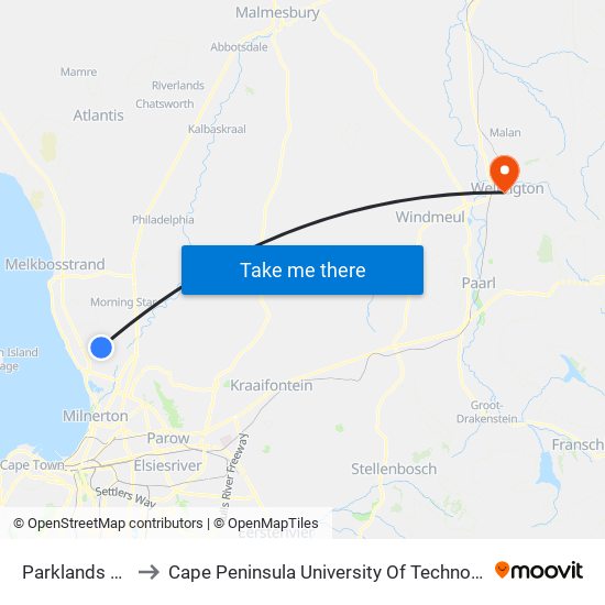 Parklands Secondary to Cape Peninsula University Of Technology (Wellington Campus) map