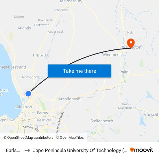 Earlswood to Cape Peninsula University Of Technology (Wellington Campus) map