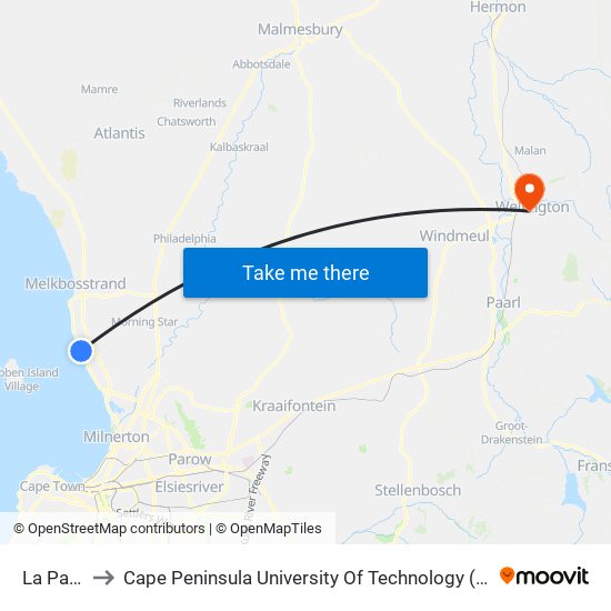 La Paloma to Cape Peninsula University Of Technology (Wellington Campus) map