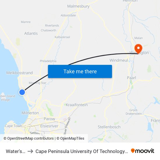 Water's Edge to Cape Peninsula University Of Technology (Wellington Campus) map
