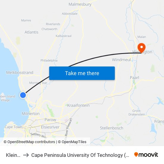 Kleinbaai to Cape Peninsula University Of Technology (Wellington Campus) map