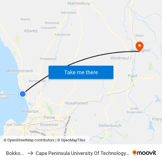 Bokkombaai to Cape Peninsula University Of Technology (Wellington Campus) map