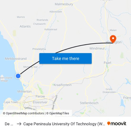 De Mist to Cape Peninsula University Of Technology (Wellington Campus) map