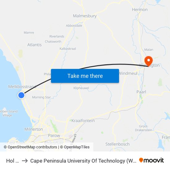 Hol Bay to Cape Peninsula University Of Technology (Wellington Campus) map