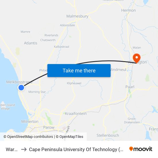 Waratah to Cape Peninsula University Of Technology (Wellington Campus) map