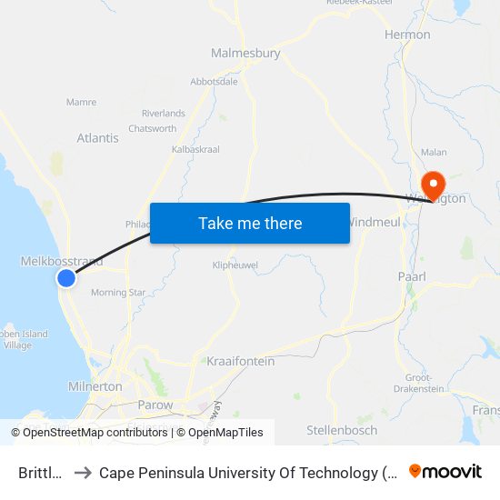 Brittlestar to Cape Peninsula University Of Technology (Wellington Campus) map