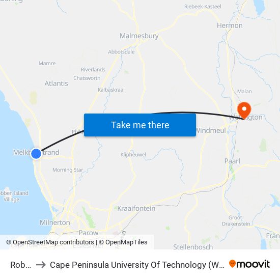 Robben to Cape Peninsula University Of Technology (Wellington Campus) map