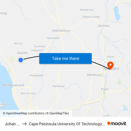 Johan Heyns to Cape Peninsula University Of Technology (Wellington Campus) map