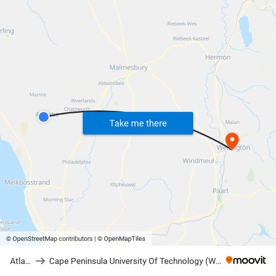 Atlantis to Cape Peninsula University Of Technology (Wellington Campus) map