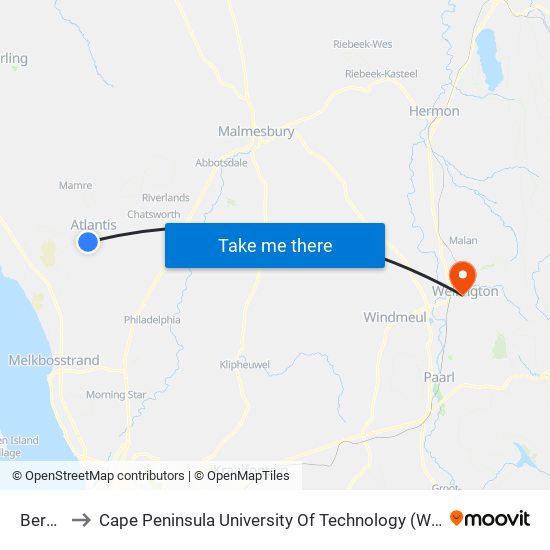 Berzelia to Cape Peninsula University Of Technology (Wellington Campus) map