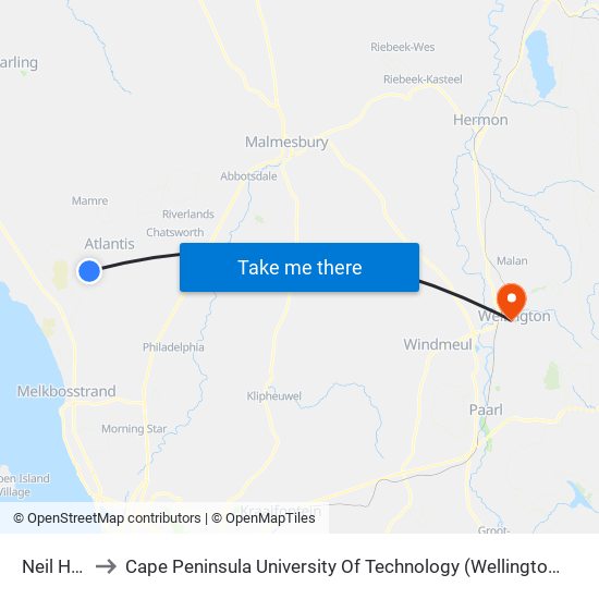 Neil Hare to Cape Peninsula University Of Technology (Wellington Campus) map