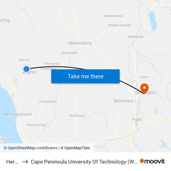 Hermes to Cape Peninsula University Of Technology (Wellington Campus) map