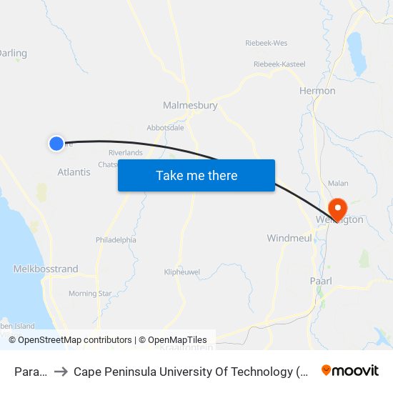 Paradise to Cape Peninsula University Of Technology (Wellington Campus) map