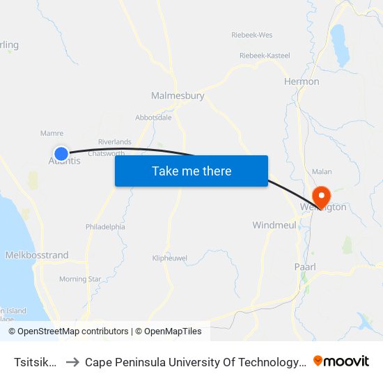 Tsitsikamma to Cape Peninsula University Of Technology (Wellington Campus) map