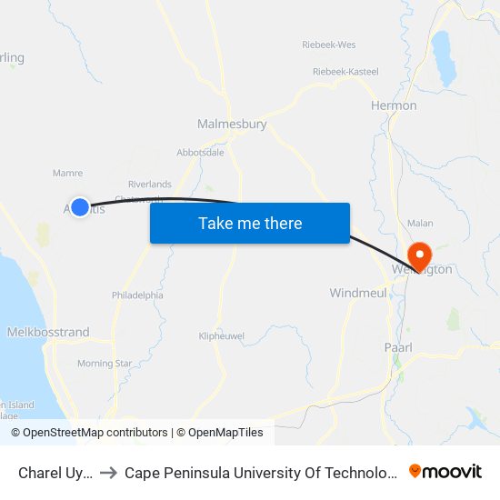 Charel Uys North to Cape Peninsula University Of Technology (Wellington Campus) map