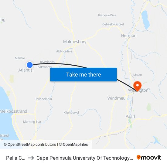 Pella Central to Cape Peninsula University Of Technology (Wellington Campus) map