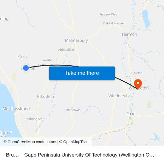 Brutus to Cape Peninsula University Of Technology (Wellington Campus) map
