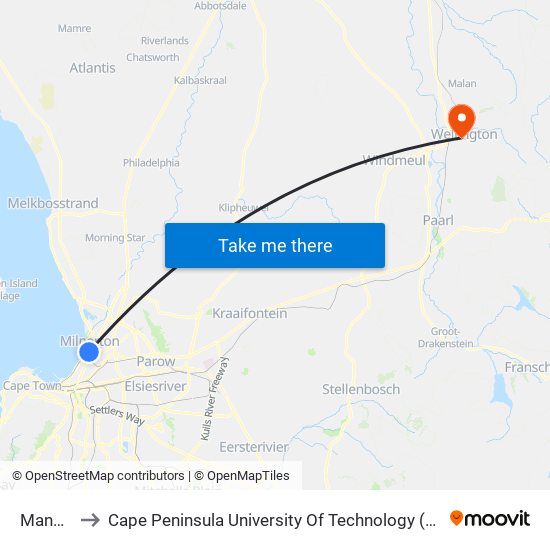 Mansfield to Cape Peninsula University Of Technology (Wellington Campus) map