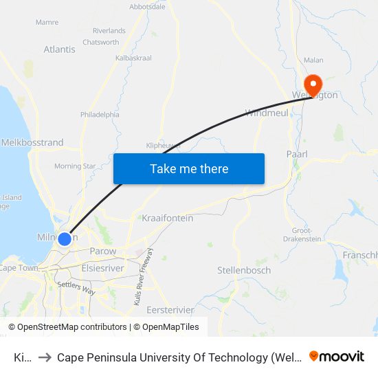 Kiwu to Cape Peninsula University Of Technology (Wellington Campus) map