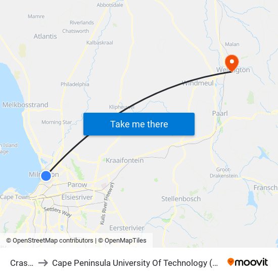 Crassula to Cape Peninsula University Of Technology (Wellington Campus) map