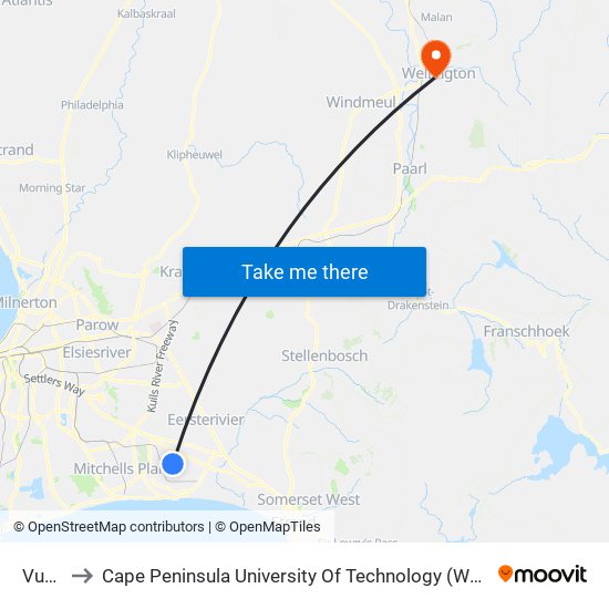 Vuyani to Cape Peninsula University Of Technology (Wellington Campus) map