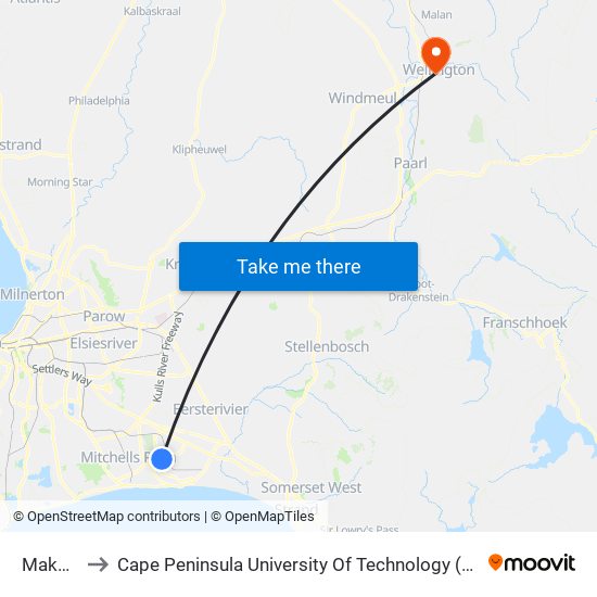 Makabeni to Cape Peninsula University Of Technology (Wellington Campus) map