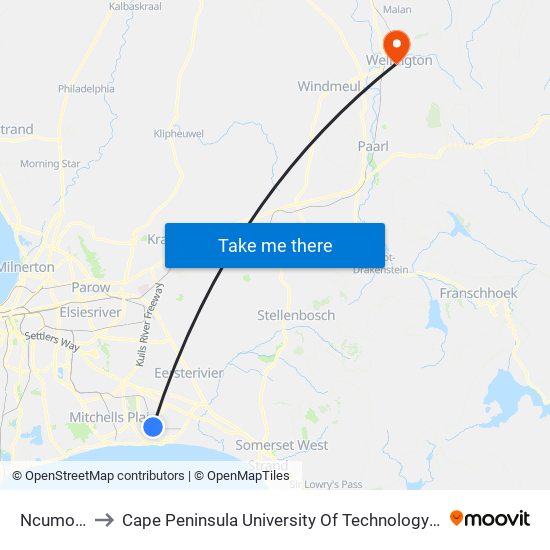 Ncumo West to Cape Peninsula University Of Technology (Wellington Campus) map