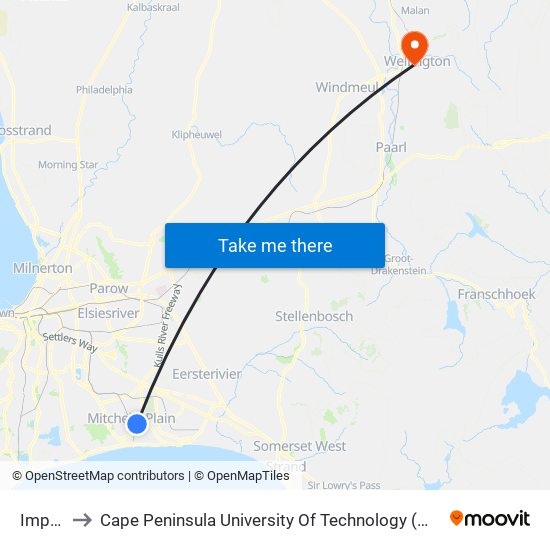 Imperial to Cape Peninsula University Of Technology (Wellington Campus) map