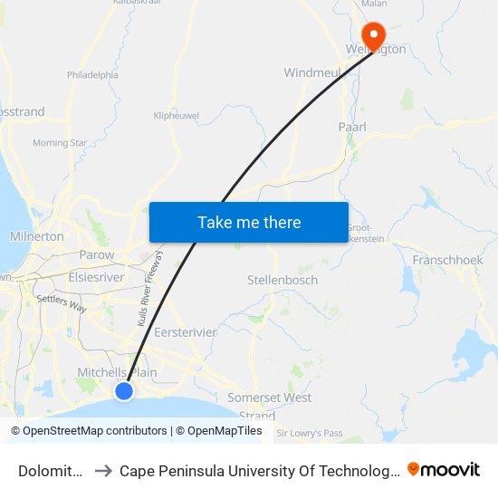 Dolomites East to Cape Peninsula University Of Technology (Wellington Campus) map