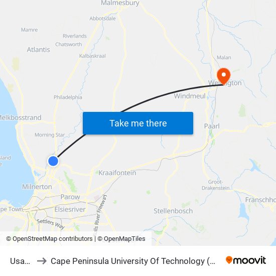 Usasaza to Cape Peninsula University Of Technology (Wellington Campus) map