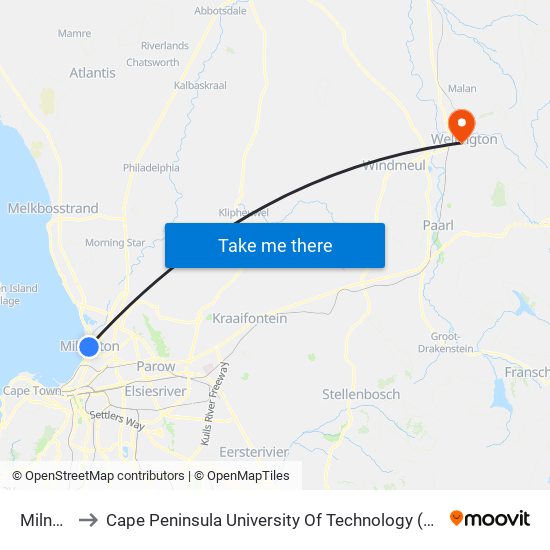 Milnerton to Cape Peninsula University Of Technology (Wellington Campus) map