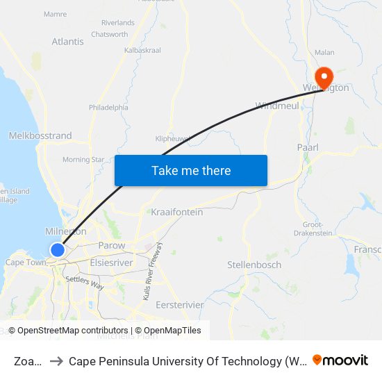 Zoarvlei to Cape Peninsula University Of Technology (Wellington Campus) map