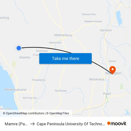 Mamre (Paradise Rd) to Cape Peninsula University Of Technology (Wellington Campus) map