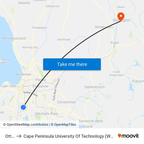 Ottery to Cape Peninsula University Of Technology (Wellington Campus) map