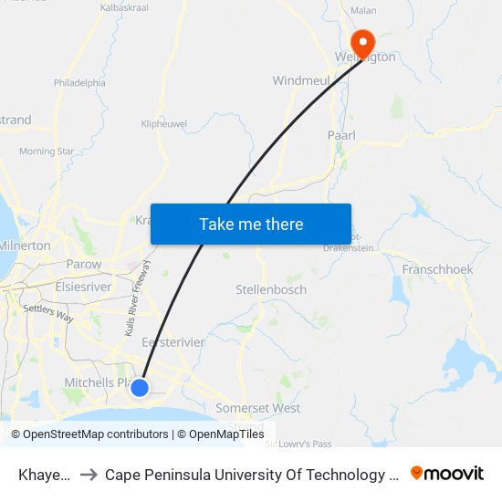 Khayelitsha to Cape Peninsula University Of Technology (Wellington Campus) map