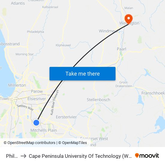 Philippi to Cape Peninsula University Of Technology (Wellington Campus) map