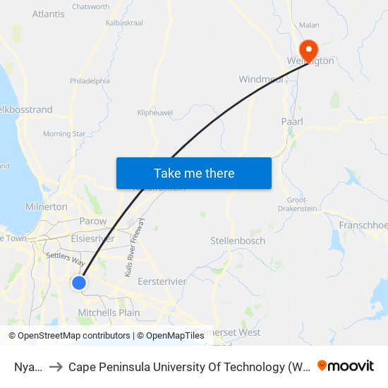 Nyanga to Cape Peninsula University Of Technology (Wellington Campus) map