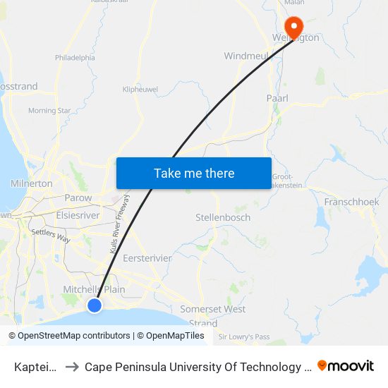 Kapteinsklip to Cape Peninsula University Of Technology (Wellington Campus) map