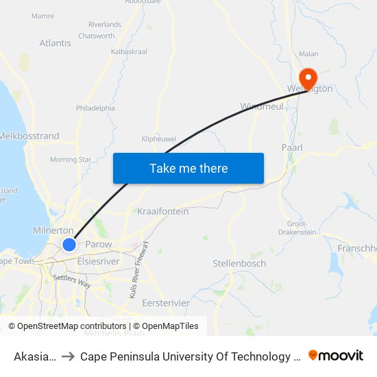 Akasia Park to Cape Peninsula University Of Technology (Wellington Campus) map