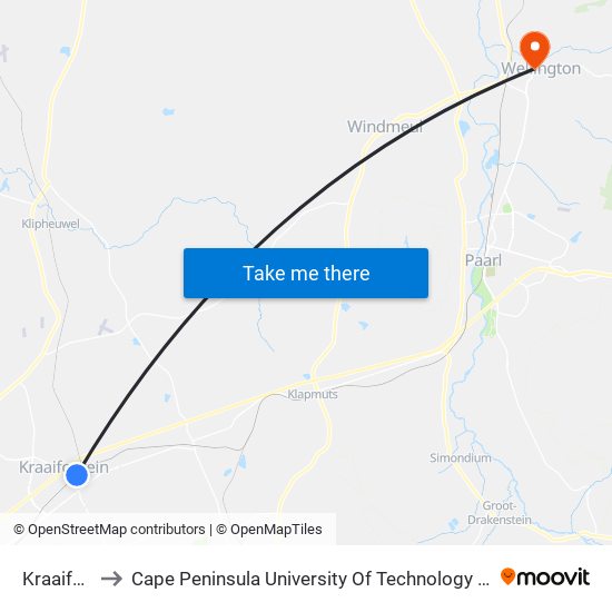 Kraaifontein to Cape Peninsula University Of Technology (Wellington Campus) map