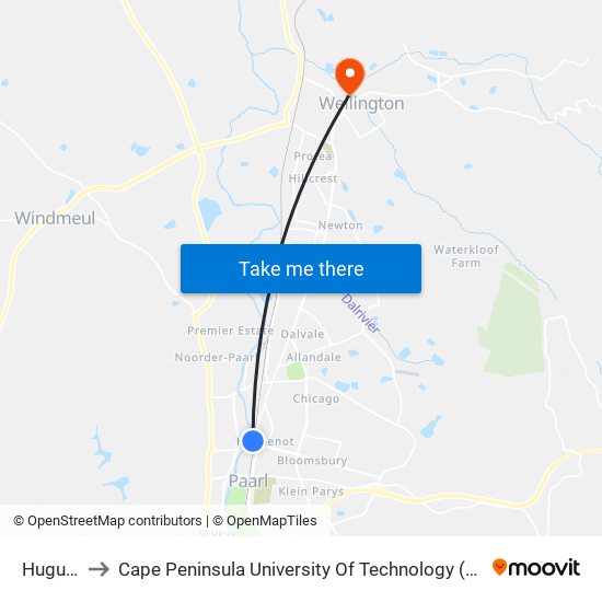 Huguenot to Cape Peninsula University Of Technology (Wellington Campus) map