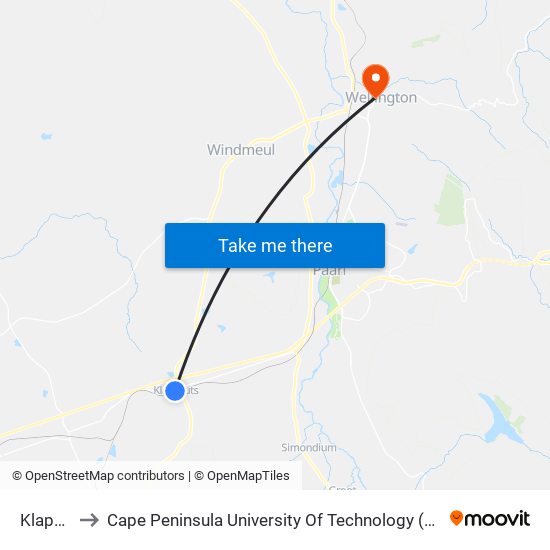 Klapmuts to Cape Peninsula University Of Technology (Wellington Campus) map