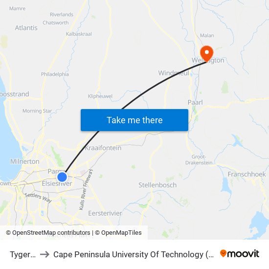 Tygerberg to Cape Peninsula University Of Technology (Wellington Campus) map