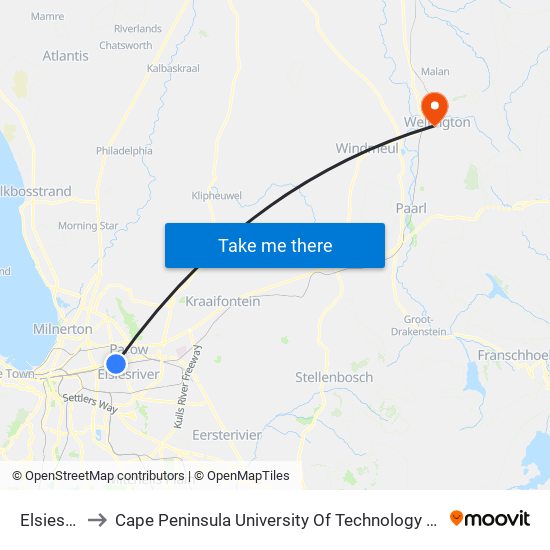 Elsies River to Cape Peninsula University Of Technology (Wellington Campus) map