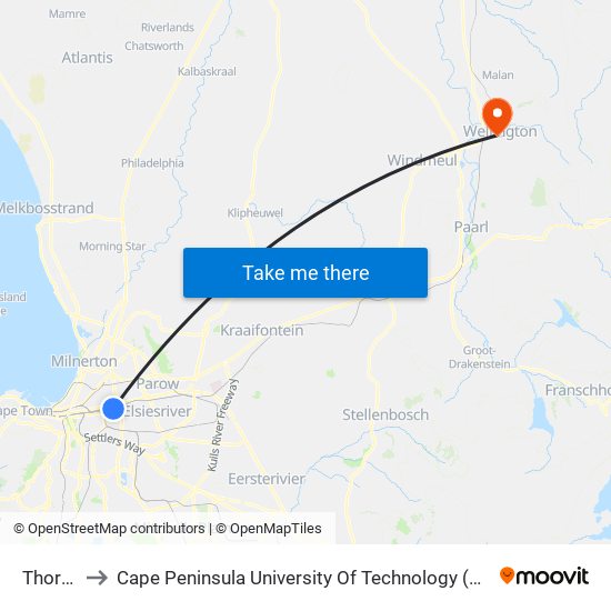 Thornton to Cape Peninsula University Of Technology (Wellington Campus) map