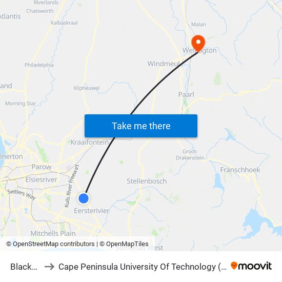 Blackheath to Cape Peninsula University Of Technology (Wellington Campus) map