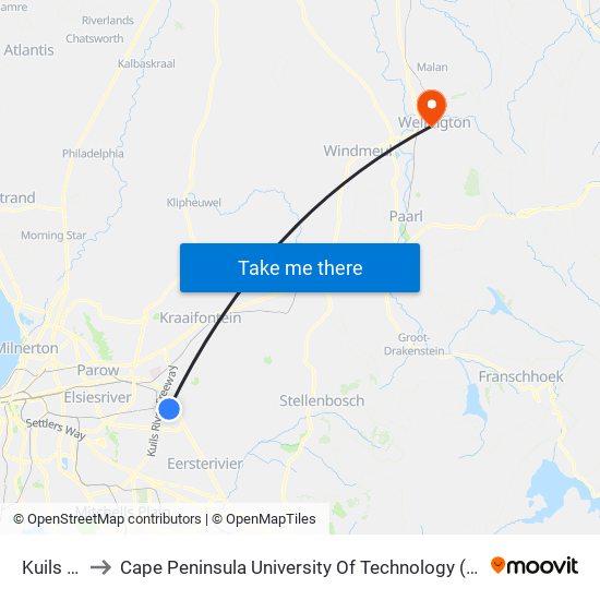 Kuils River to Cape Peninsula University Of Technology (Wellington Campus) map