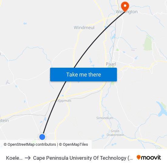 Koelenhof to Cape Peninsula University Of Technology (Wellington Campus) map