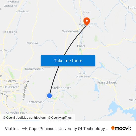 Vlottenburg to Cape Peninsula University Of Technology (Wellington Campus) map